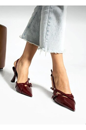 Kumsal Shoes Pantofi cu toc de damă din piele lacuită roșie claret cu cataramă cu curele duble Biyana Nu
