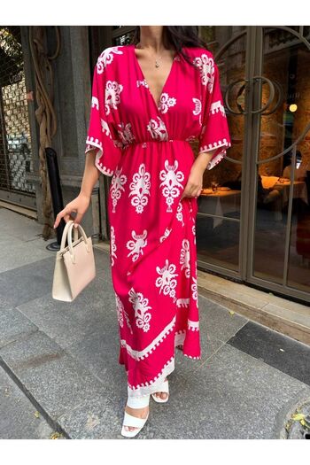 Lusin Fuchsia Double Breasted Collar and Slit Detailed Long Women's Summer Dress