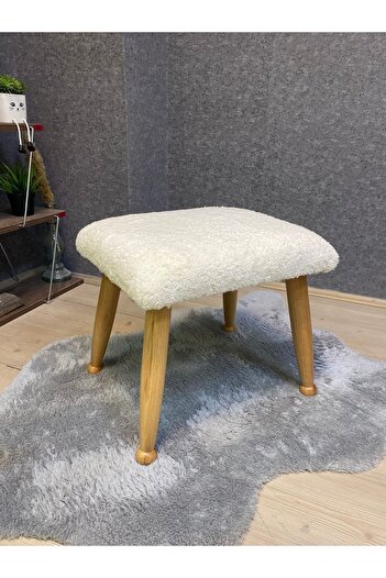 Asedia Trend Naturel Teddy Krem Ahşap Ayak Uzatma Pufu Makyaj Koltuğu Tabure Babalar Günü Hediyesi