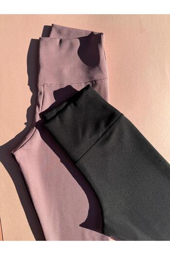 Ahmio Colanți de damă cu dungi fine, camisole, 2 piese (culoare vișiniu și negru) cu talie înaltă