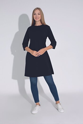 MyBen Black Loose Cut Crew Neck Three Quarter Tunic T-403