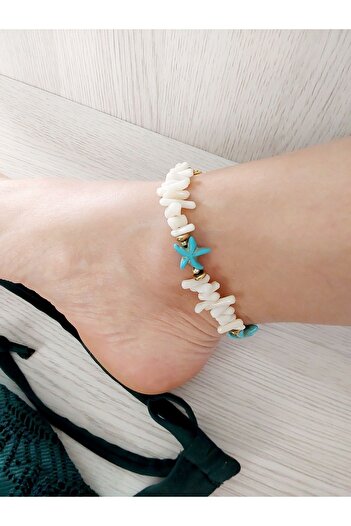 By Song Aksesuar Blue coral natural stone anklet with sea star
