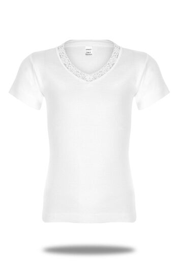 FSM1453 Girl's Cotton Ribbed V-neck Short Sleeve Lace Undershirt 6 Pcs -260