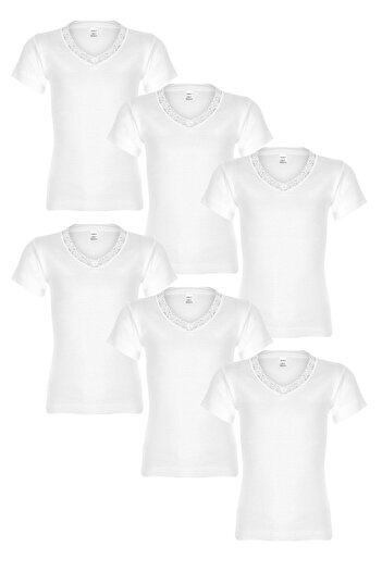FSM1453 Girl's Cotton Ribbed V-neck Short Sleeve Lace Undershirt 6 Pcs -260