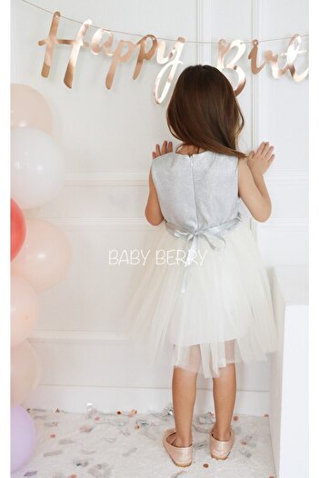 Baby Berry Baby store Kız Bebek Çocuk Gümüş Simli Çiçekli Tüllü Tütü Özel Gün Prenses Elbise Ekru (TAÇ AYRI SATILMAKTADIR)