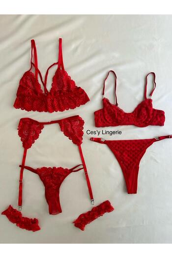 CES'Y LİNGERİE Red Princess 7 Piece Dowry Set