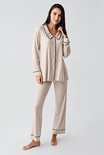 Artış Flexible Viscous Baby Collar maternity Pajamas Set - Long Sleeve anD ButtoneD