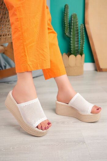 miss fırat High/Thick Sole Wedge Heels 7cm Heel Height White Women's Knitwear Slippers