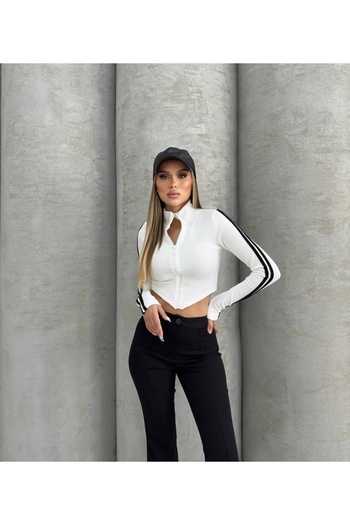 İLKCET MODA Ottoman Fabric - Crop με ριγέ μανίκι και λεπτομέρεια με φερμουάρ