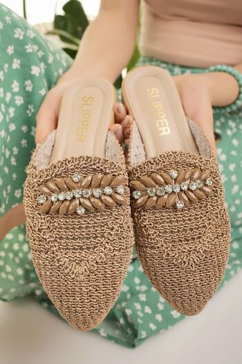 Modafırsat Women's Straw Slippers Tan Closed Front Knitted Lace Knitwear Stone Detailed Stylish Summer Dowry Beach Vacation Slippers