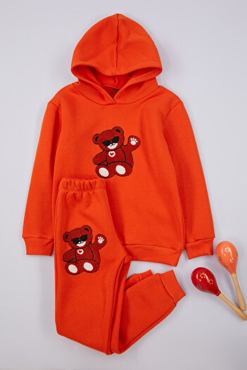 TRENDYOLKIDS Orange Boy's Printed Hooded Knitted Bottom-Top Suit Tkdaw25Au00068