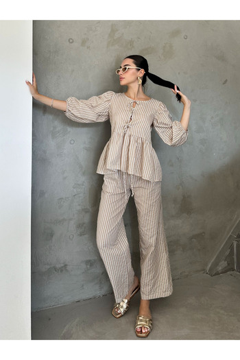 King Brothers Poplin Fabric - Bow Striped Balloon Sleeve Women's Blouse Set
