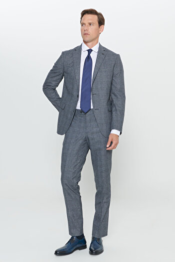 ALTINYILDIZ CLASSICS Erkek Gri-Mavi Slim Fit Dar Kesim Kareli Takım Elbise