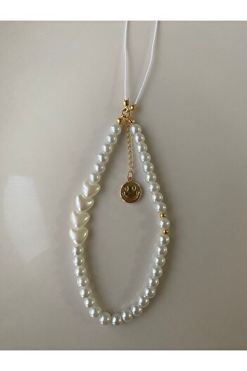 Stoneday White Heart Pearl Gold Smiling Face Detailed Hanging Pearl Phone Charm Lanyard Strap