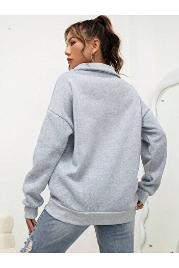 Josette Yarım Fermuarlı Kışlık Sweatshirt - Gri Oversize Dik Yaka