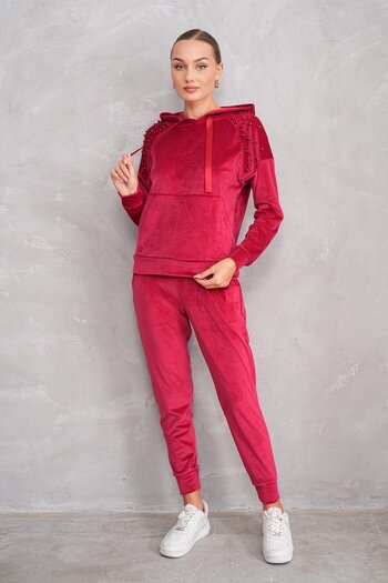 WestBound Claret Red Stoned Soft Velvet Women's Tracksuit Set