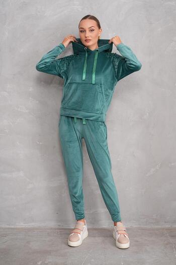WestBound Zimrute Stone Detailed Soft Velvet Women's Tracksuit Set