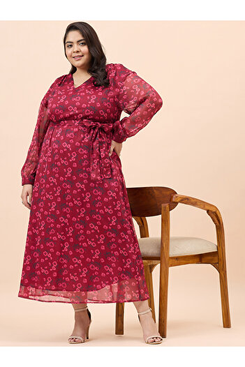 Femmella By Styli Plus Size Floral Print V Neck Maxi Dress