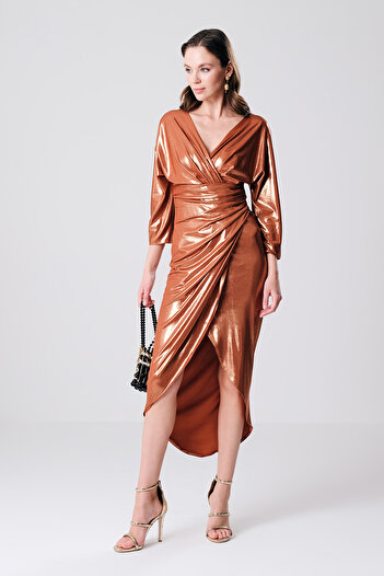 EXPLOSION Plus Size Glitter Shiny Evening Dress - Double Breasted, Copper 57692 B