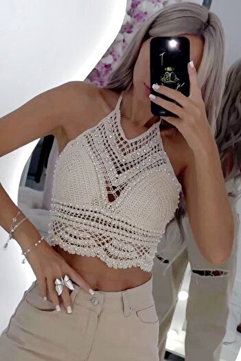 RICH GLAM Orgu Krose Мереживо на спині Мереживо на спині Перлина Кришталевий камінь Екрю Еластичне жіноче бюст'є Orme Чашка Бралет Бюст'є