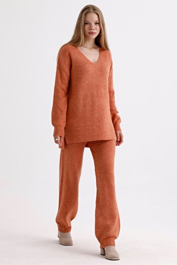 MD trend High Waist V-neck Knitwear Sweater and Lace-up Trousers - Three Pieces Set