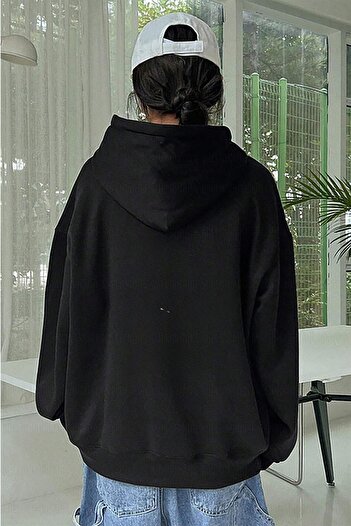 Millionaire Kadın Siyah Düz Kapüşonlu Oversize 3 iplik Şardonlu Salaş Bol Kesim Hoodie Sweatshirt