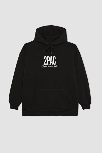 DeFacto Суитшърт с качулка и качулка с принт на Tupac Shakur - дебел и отзад B3008Ax23Wn