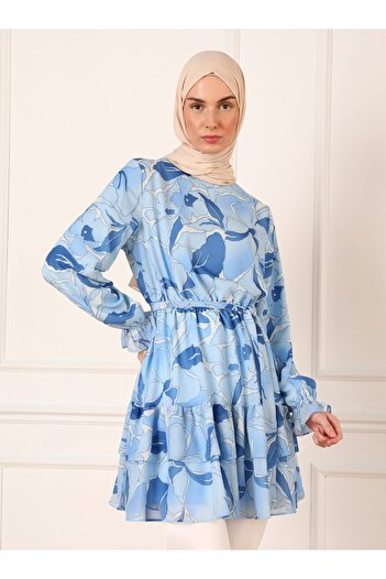 Refka Blue Leaf Patterned Chiffon Tunic - Refka