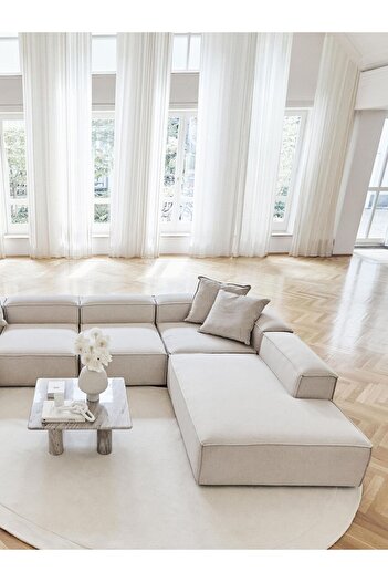 S Home Design Concept Frida 5 Modül Pofidik Modüler Kanepe Xl Köşe Koltuk Takımı Keten Kırık Beyaz Sağ Köşe