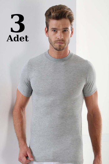 Arma Yıldız Men's Gray Undershirt T-shirt - Zero Collar, Short Sleeve, 3 Pieces, 100% Cotton Combed Cotton