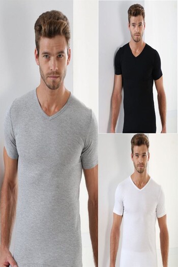 Arma Yıldız Men's V-neck Undershirt T-shirt - Mixed Color, Short Sleeve, 3 Pieces 100% Cotton Combed