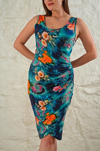 LİVE SPORT Petrol Floral Midi Dress - Cross Collar and Bird Eye Detail