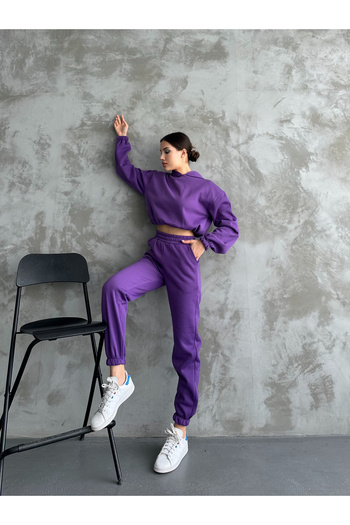 Lusin Purple Hooded Women's Sweat Set - 3 Thread Pants and Sweatpants Set