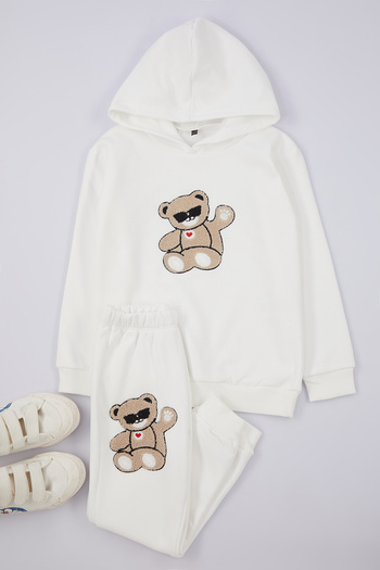 TRENDYOLKIDS Ecru Boy Printed Hooded Knitted Bottom-Top Suit Tkdaw25Au00068