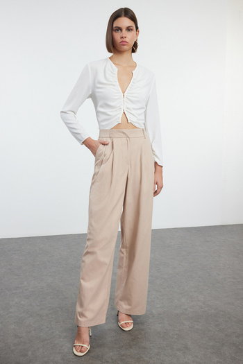 Trendyol Collection Spodnie z szerokimi nogawkami z taupe i bawełny - TWOAW25PL00040