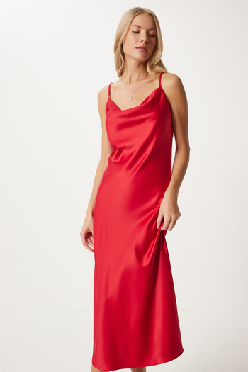 Happiness İstanbul Red Satin Lace Collar Dress - Fn03300