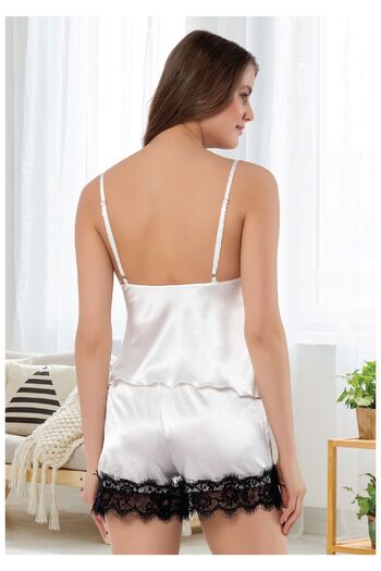 FAAL 3103 Women's Satin Degaje Collar Rope Strap Shorts Pajama Set-White