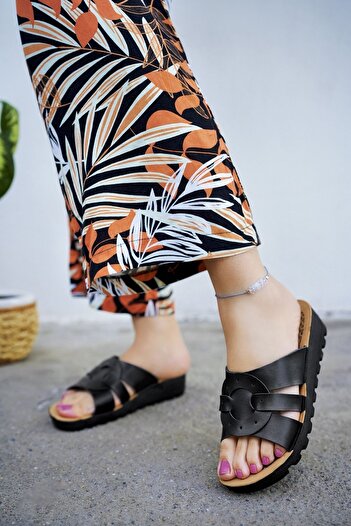 Modafırsat Black Women's Wedge Heel Slippers Stylish Comfortable Sea Beach Dowry Slippers