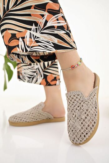 Modafırsat Women's Straw Slippers Beige Closed Front Mesh Lace Knitwear Embroidery Detailed Stylish Summer Home Beach Vacation Slippers