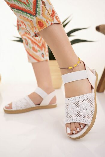 Modafırsat Women's Straw Sandals White Mesh Lace Knitwear Embroidery Embroidered New Season Summer Beach Holiday Sandals