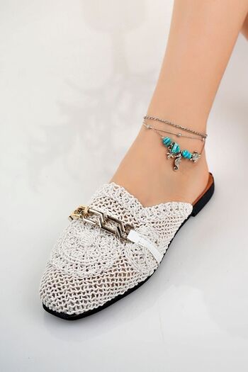 Modafırsat Women's Closed Front Straw Slippers White Lace Knitted Embroidered Dowry Casual Slippers