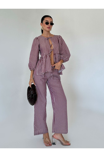 King Brothers Poplin Fabric - Bow Striped Balloon Sleeve Women's Blouse Set