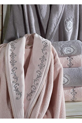 Dantela Sultan 6 Piece Cotton Velvet Bathrobe Set - Powder/Grey