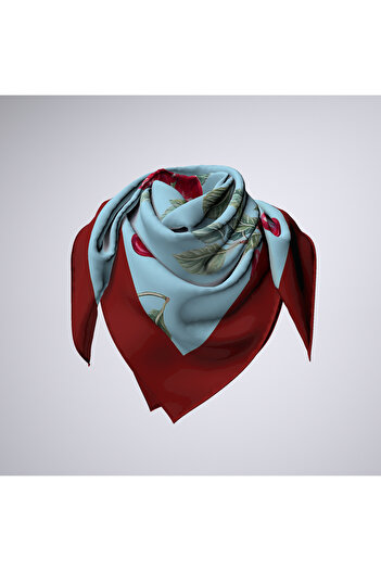 Modabutik Kadın Mavi Kırmızı Kiraz Desenli Bandana 70x70 DG0350-22