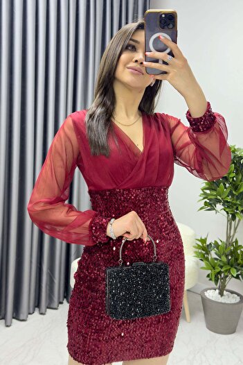 zks grup tekstil New Season Double Breasted Collar Sequined Evening Dress - Burgundy, Navy, Purple, Saxe Blue, Black, Emerald Green
