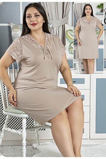 JENİKA Women's Large Size Lace Collar Short Sleeve Nightgown