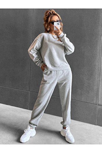SeusCraft Unisex Basic Kalın Kışlık Sweatshirt Eşofman Altı Jogger - Gri Alt Üst Eşofman Takımı Bisiklet Yaka