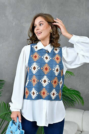 Miss Allos Ethnic Patterned Women's Knitwear Sweater and White Shirt Set
