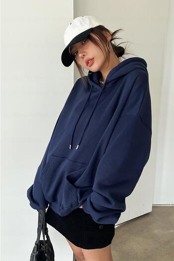 Millionaire Women's Navy Blue Plain Hooded Oversize 3 thread Drawstring Loose Cut Hoodie Sweatshirt