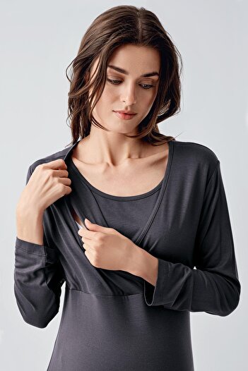 Artış Long Sleeve Lycra Viscous Short Nightgown for Pregnant Women